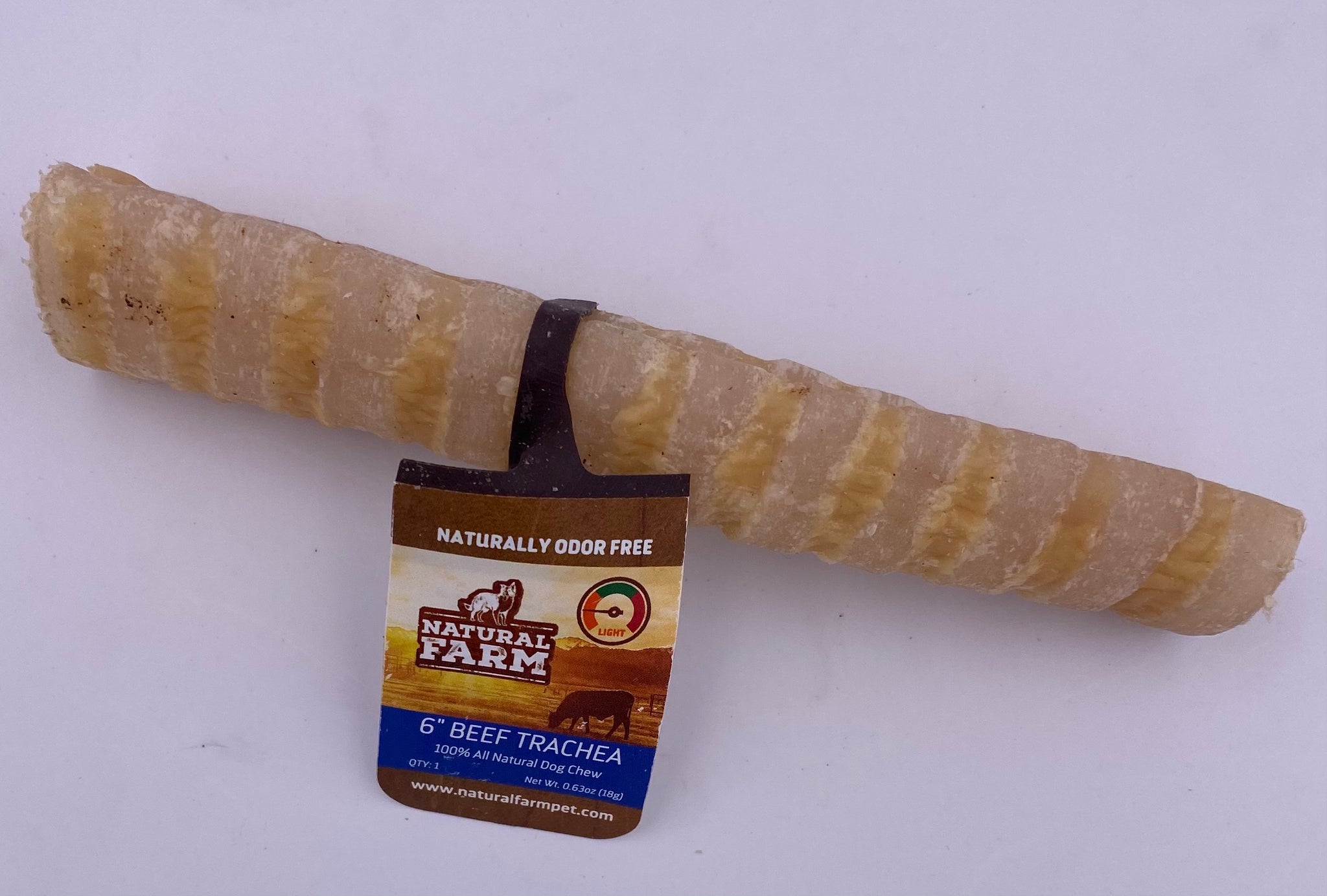 6 Inch Natural Farm Beef Trachea Great single ingredient treat.  Great for dental health, fully digestible, for any size dog and naturally odor free.  